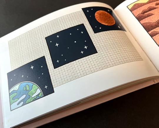A double page spread of a landscape-format book.It contains a comic strip by Tom Gauld in which the view pans from the earth, across space, and on to Mars where The Curiosity Rover appears, small and alone, looking at a paper ticket which reads 'One Way'.