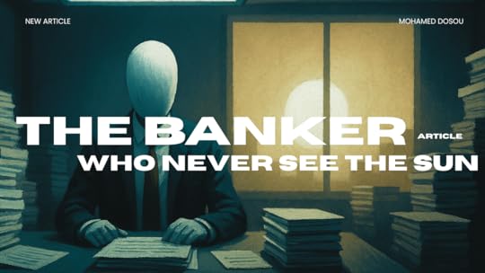 A faceless banker sitting alone at a desk under harsh fluorescent lights, stacks of documents around them, while a window behind shows a bright sun they cannot reach. The contrast symbolizes burnout, entrapment, and the world outside slipping away.