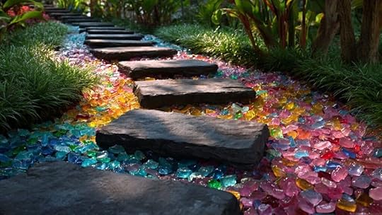 stones surrounded by glass mulch