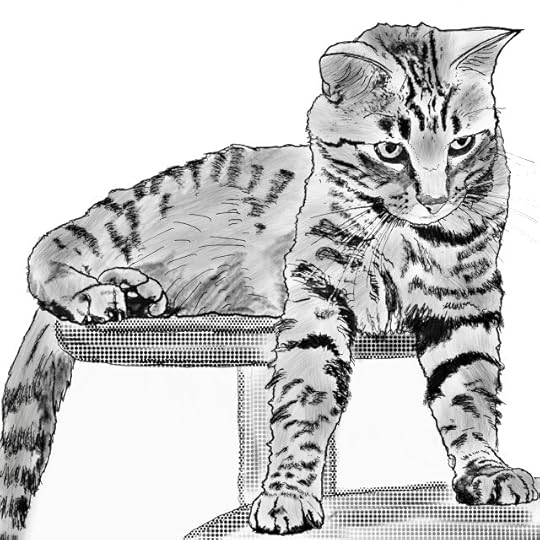 Pencil drawing of a tabby cat half on and half off a cat tree