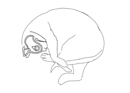 Line drawing outline of a cat curled untidily in sleep, with his head represented in early medieval style
