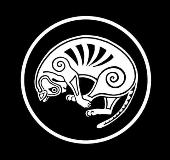 Stylised black and white image of a striped tabby curled up inside a white circle, with joints represented by spirals and stripes by triangles