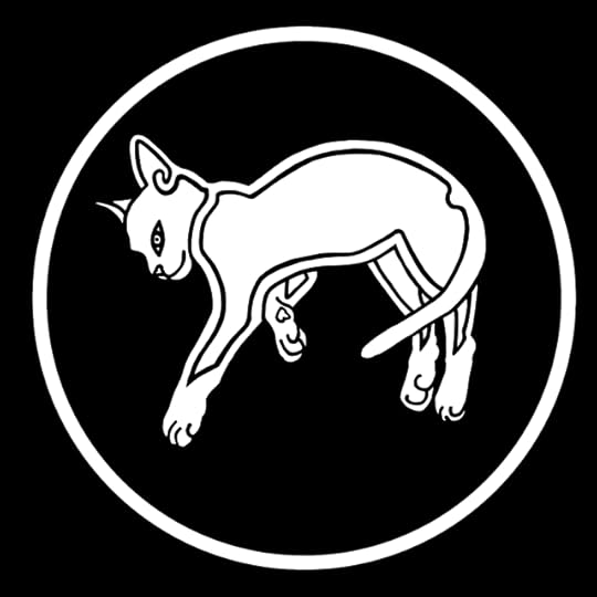 Black and white image of a young cat lying on its side inside a white circle. Its body is outlined in black