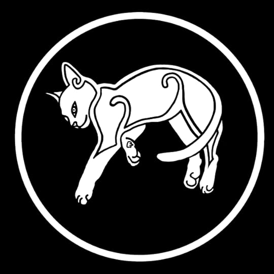Black and white image of a young cat lying on its side inside a white circle. It's major joints are emphasised with stylised curlicues