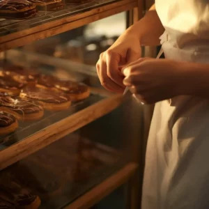 Bakery interior with chocolate eclairs on the counter and a baker tying an apron — a new life begun