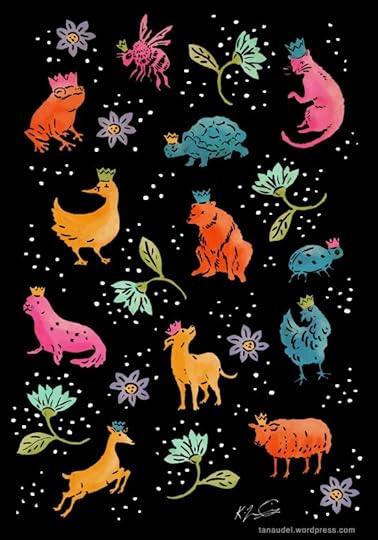 many brightly coloured animals with equally colourful crowns, on a floral and black background