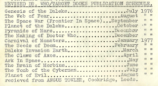 List of Doctor Who novelisations, as published in the fanzine TARDIS in July 1976