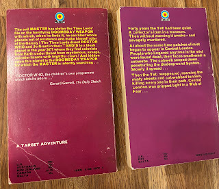 Back cover blurbs for two old Doctor Who books, yellow text on purple