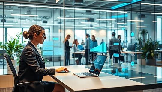 A modern office environment showcasing the implementation of AI in customer service. In the foreground, a professional woman in business attire sits at a sleek desk, interacting with a holographic AI interface displaying customer data and chat interactions. The middle ground features a diverse team of employees collaborating around a digital display that shows analytics and performance metrics. In the background, glass walls reveal a contemporary workspace with greenery and natural light streaming in, creating an inviting atmosphere. The scene captures a sense of innovation and efficiency, with cool blue and green lighting illuminating the space, emphasizing a futuristic yet professional ambiance. The camera angle is slightly elevated, giving a panoramic view of the busy office.