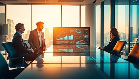A modern corporate office setting showcasing the effective implementation of AI strategies in business. In the foreground, a diverse group of three professionals in business attire collaborates around a sleek, futuristic conference table with digital screens displaying graphs and AI data. The middle ground features a large digital screen with visual representations of AI algorithms and analytics. The background shows large windows with a cityscape view, bathed in warm sunlight, reflecting an atmosphere of innovation and productivity. Use soft, natural lighting to create a welcoming and inspiring mood. The camera angle is slightly elevated, capturing both the teamwork and the technological elements prominently.