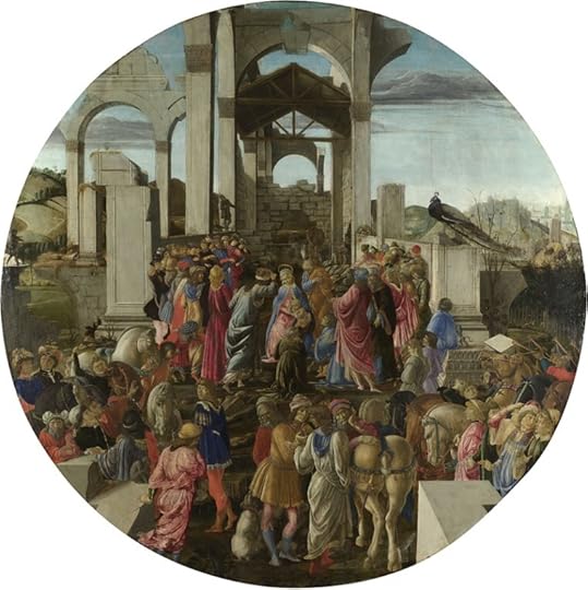 A circular painting depicting a crowded scene in an ancient setting, featuring people in colorful garments, including men, women, and children, among classical architectural elements. Horses and a peacock are also visible, as figures interact and engage in various activities within the composition.