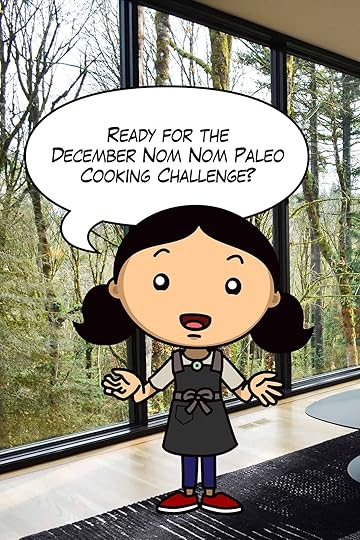 A cartoon Michelle Tam is standing in front of a window overlooking a forest as she announces the December Nom Nom Paleo monthly cooking challenge.