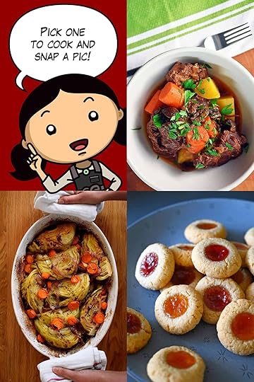 A cartoon Michelle Tam is announcing the December Nom Nom Paleo cooking challenge with pictures of the three recipes featured.