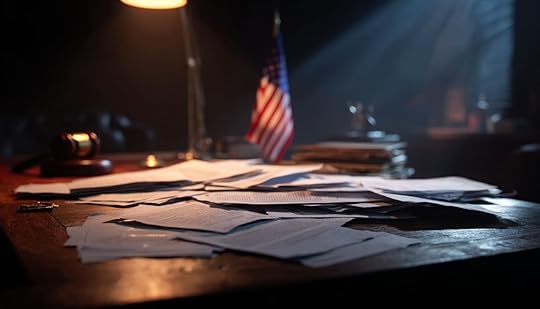 A wooden desk covered in scattered legal papers lit by a single lamp, with a gavel and a small American flag in the background, evoking the quiet origins of state power.