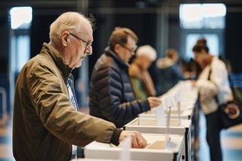 Several voters cast their ballots at a polling place