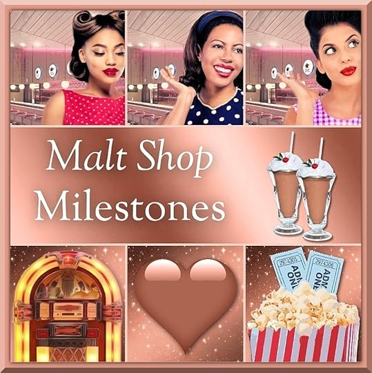 The faces of three, smiling young women of color above chocolate malts, a jukebox, a chocolate-brown heart, and a box of popcorn with two vintage movie tickets
