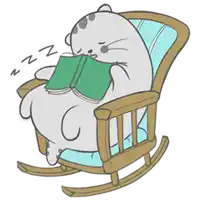 a cat is sleeping in a rocking chair reading a book