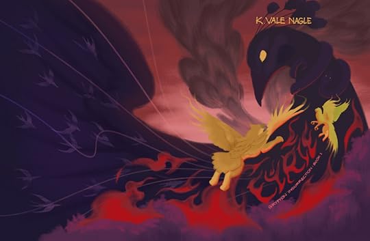 A fan dust jacket cover for Eyrie drawn by Sean C. Widjaja showing a giant sinister peafowl rising above the flames and smoke with two golden gryphons flying towards her. The title Eyrie is written in flames across the peafowl.