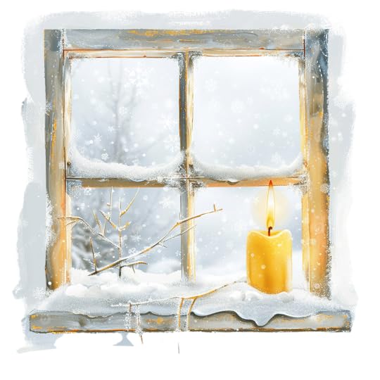 A snow-covered window with softly falling snow and a single lit candle glowing on the sill.