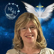 Photo of Maria G. Maas with midnight blue, starry background. Light blue MGM logo on top left corner. White angel wings with gold halo on top right corner. 