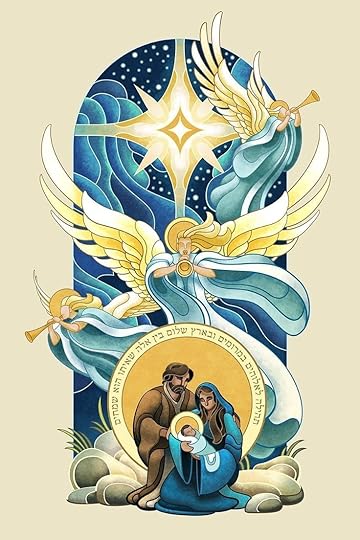 This may contain: an image of the birth of jesus with angels and stars in the sky above it