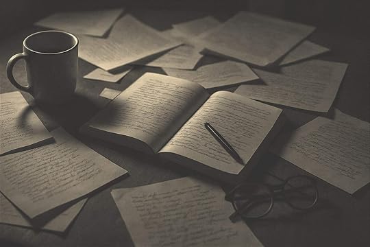 A desk covered with scattered papers containing writing attempts and an empty tea mug