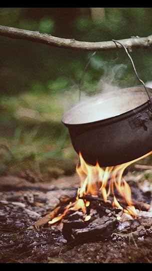 This may contain: a pot sitting on top of a fire in the woods