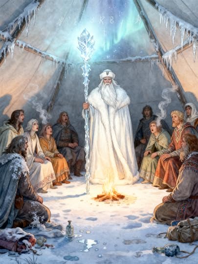 The Guardian of January speaking beside the Grand Bonfire in Kaironeth, symbolizing wisdom born through trial and renewal.