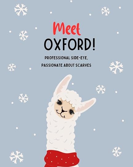 This may contain: a cartoon llama wearing a red scarf with snowflakes in the background and text meet oxford professional side - eye passionate about scaves