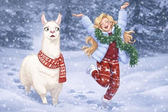 This may contain: a painting of a woman and a llama running in the snow with christmas decorations