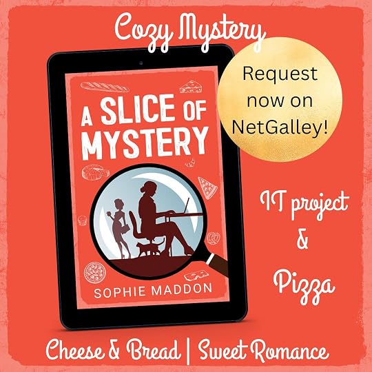 Ebook cover: Cover for A Slice of Mystery - cozy mystery novel - Red background with white drawings of bread, cheese, and pizza. In the middle, a large magnifying glass highlighting the silhouette of a young professional woman typing on a laptop at her desk. At her feet, a cat. In the background, a sophisticated young professional woman.<br />Words: cozy mystery, IT project & Pizza, Cheese & bread, and sweet romance are dotted around the page. On the top right, a gold foil sticker with 