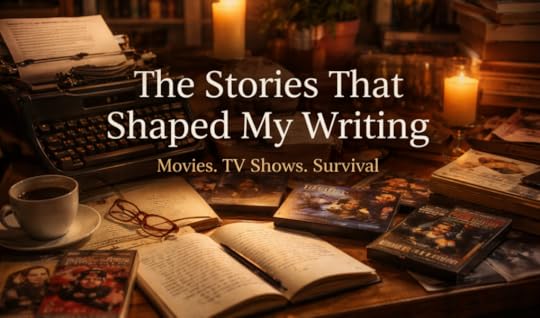 Arty writer’s desk with books, notebook, candlelight, and a quiet cinematic atmosphere representing writing influences