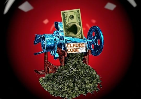 A shredder, shredding a giant US$100 bill. Benjamin Franklin's head has been replaced with a cliched 'hacker in a hoodie' illustration. The machine's faceplate bears the Claude Code wordmark. The background is the hostile red eye of HAL 9000 from Stanley Kubrick's '2001: A Space Odyssey.'