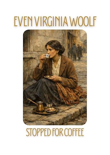 Illustrated portrait of Virginia Woolf seated thoughtfully with a cup of coffee