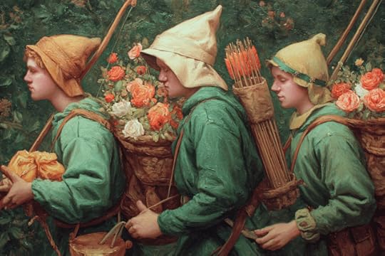 visit https://almostmeaningful.com/a-tincture-of-sinners-in-a-tea-of-time | Reading Ulysses in Montana #324 | Oil painting in the style of Robin Hood. Carrying things of wax and habit, Dominic blessed the floral teacozy with the twin quarrels that afflicted the tincture of sinners.