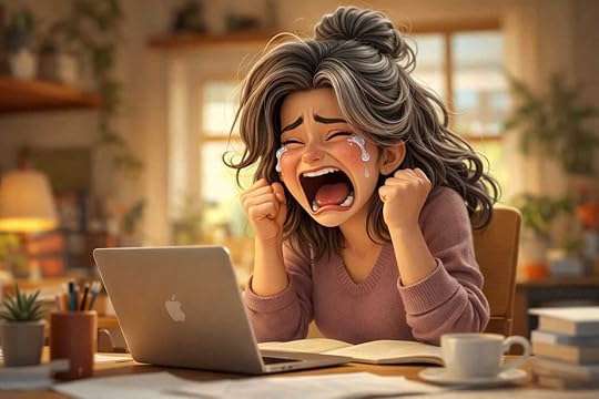 Pixar-style illustration of a salt-and-pepper–haired woman author crying at her laptop in a cozy home office, fists clenched and tears streaming as she struggles with writing and creative burnout, surrounded by papers, books, and coffee mugs under warm desk lighting.