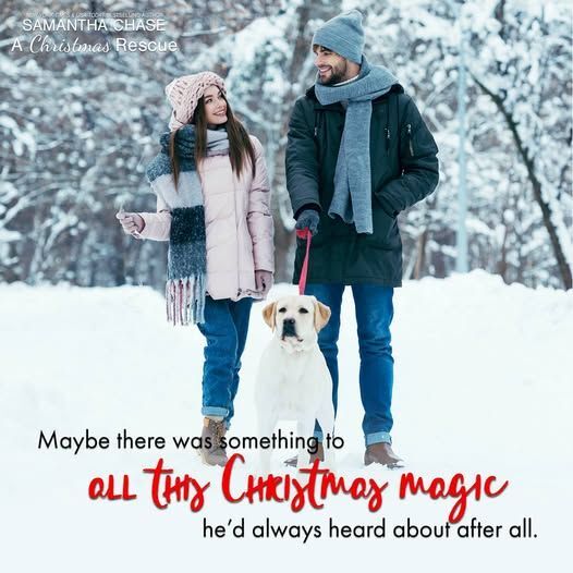 This may contain: a man and woman walking their dog in the snow with a christmas message on it
