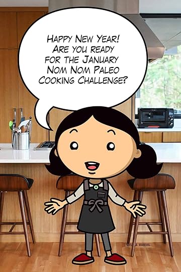 A cartoon Michelle Tam is in a kitchen and announcing the January 2026 Nom Nom Paleo Cooking Challenge.