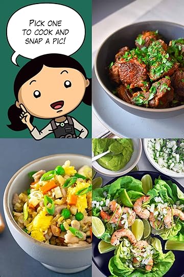 A cartoon Michelle Tam is announcing the January 2026 Nom Nom Paleo Cooking Challenge next to the photos of Instant Pot Magic Short Ribs, Shrimp Tacos, and Chicken Cauliflower Fried Rice.