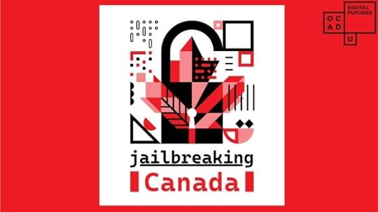 A rectangular motif suggestive of the Canadian flag, flanked by red bars. In the centre is the Jailbreaking Canada logo, a complex vector illustration of a maple leaf mixed with a keyhole, buildings, and various abstract figures.