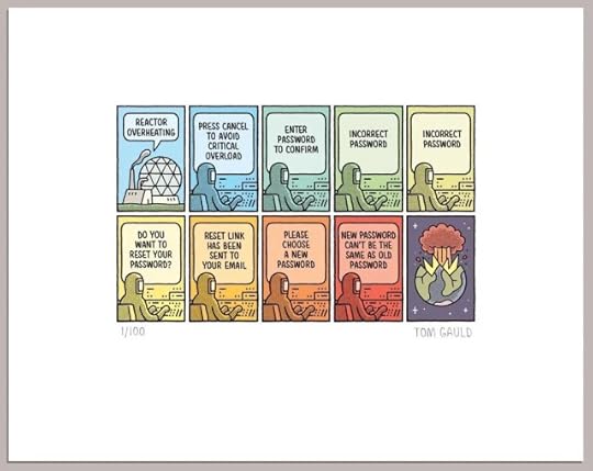 Panel One.Two figures walk up a hill in a park. One walks in front and the other is walking a dog Front "My new year's resolution is to stop lending books"Dog-walker "Really?"Panel Two.Front, becoming agitated"It's just not worth the risk: cracked spines! Bent corners! Torn pages! Grubby fingers! Crumbs! Baths! Burglars! Rats! Children!! I can't allow such precious artefacts to fall into the careless hands of clumsy philistines!"Panel Three.Dog-walker "And how do the other librarians feel about this?"Front "Less supportive Than I'd hoped."