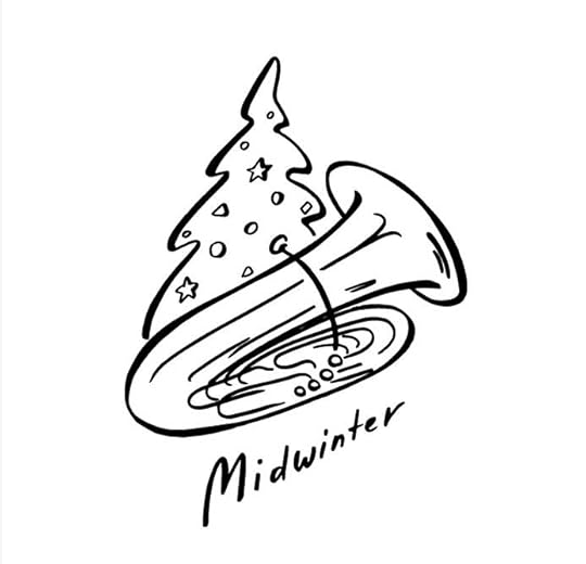 cover of the album MIDWINTER by India Andersonillustration: a line drawing of a tuba in front of a Christmas tree