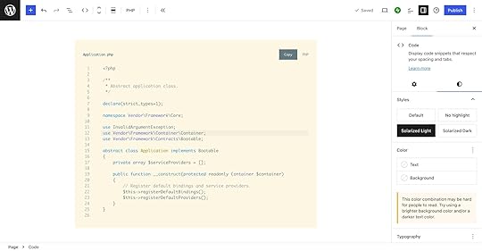 Example of the Code block displaying code using the new Solarized Light preset.