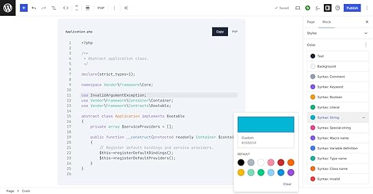 Selecting custom colors for the Code Block syntax formatting. 