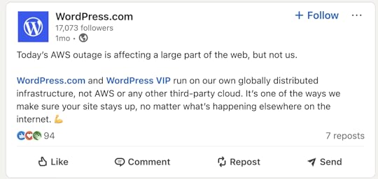 Screenshot of a message from the WordPress.com account covering an AWS outage.