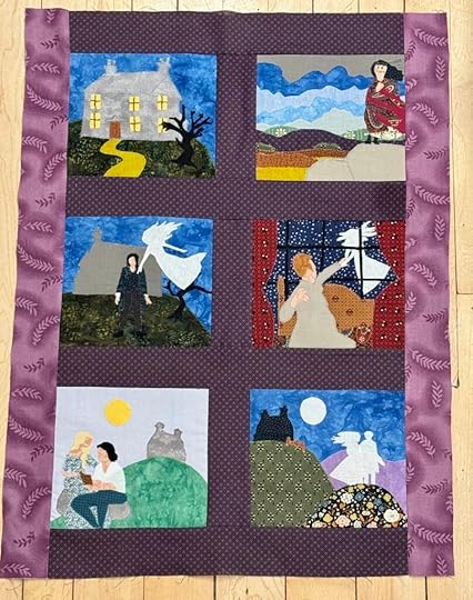 Pictorial quilt with six panels based on scenes from Wuthering Heights, including a picture of Wuthering Heights itself, Catherine on the moors, Heathcliff with the ghost of Catherine hovering overhead and touching his arm, Catherine's ghost grabbing Lockwood's arm and trying to pull him through the window of her bedroom, Hareton and Young Cathy reading with a sunny image of Wuthering Heights far in the background, and the ghosts of Catherine and Heathcliff with Wuthering Heights in the distance under the moonlight.