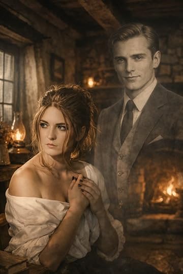 Woman sitting by fire with ghost standing behind her Maisy's Mirror Epilogue