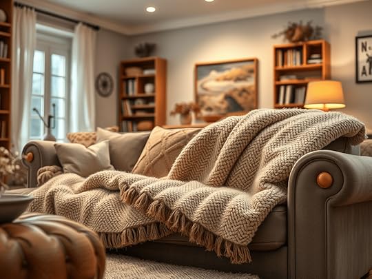 A cozy living room with a plush couch draped in a textured blanket, surrounded by bookshelves and warm lighting.