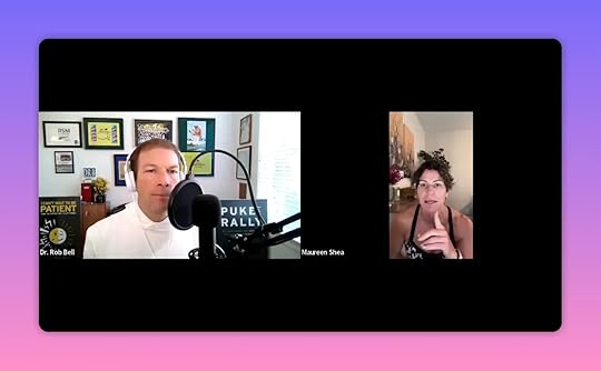 Podcast host and guest on split-screen video call; guest pointing while speaking and engaging with the host.