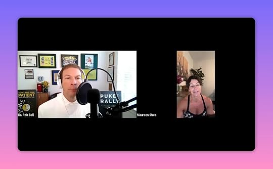 Podcast interview screenshot showing host at microphone and guest speaking in a vertical frame